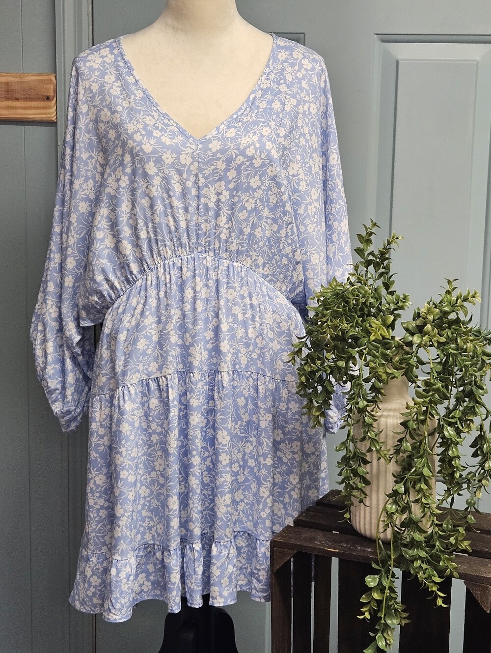 Light Blue Floral V-Neck Tiered Mini Dress